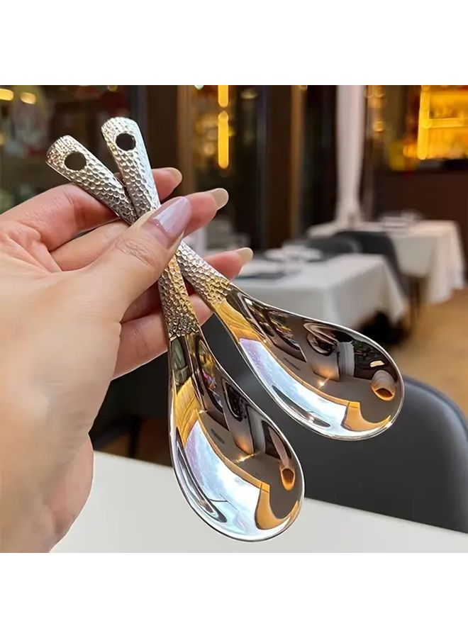 2pcs Stainless Steel Serving Spoons Large Capacity Deep Bowl Mirror Polished Hammer Pattern - Image 4